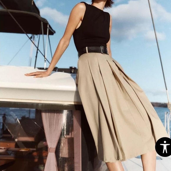 Zara Dresses & Skirts - Zara Shoulder Pad Midi Dress Full Skirt Sand / Black